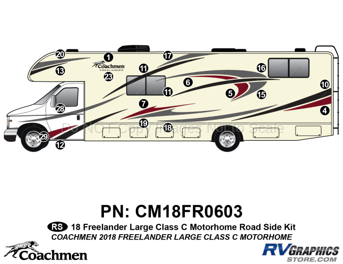 19 Piece 2018 Freelander Long Motorhome Roadside Graphics Kit
