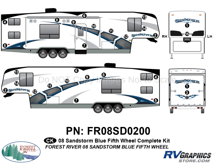 29 Piece 2008 Sandstorm Fifth Wheel Blue Complete Graphics Kit