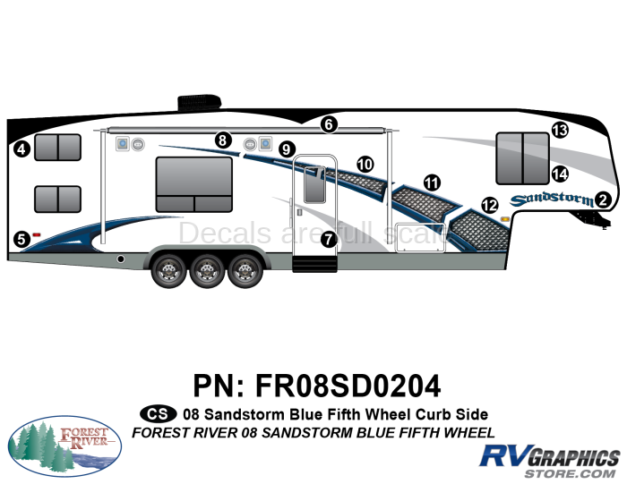 12 Piece 2008 Sandstorm Fifth Wheel Blue Curbside Graphics Kit