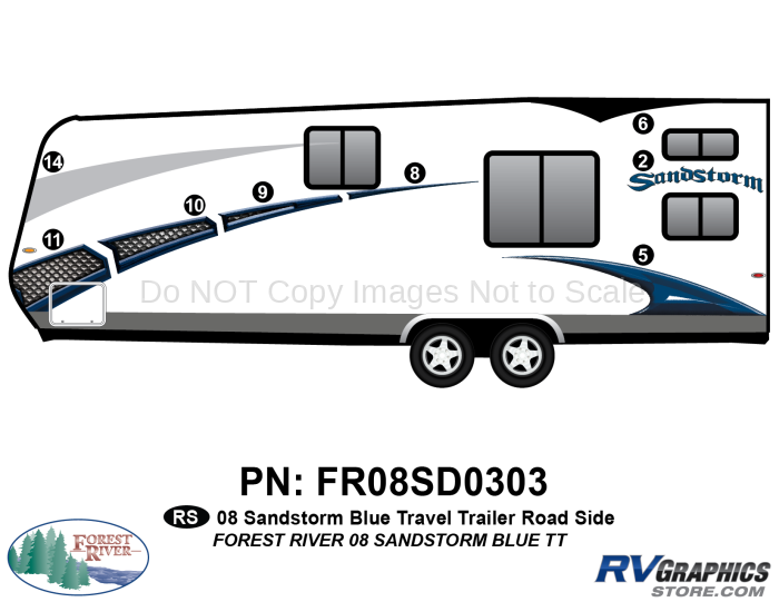 8 Piece 2008 Sandstorm Travel Trailer Blue Roadside Graphics Kit