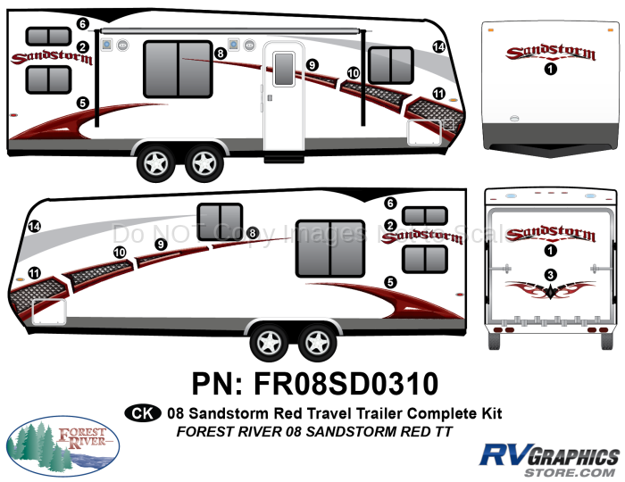 19 Piece 2008 Sandstorm Travel Trailer Red Complete Graphics Kit