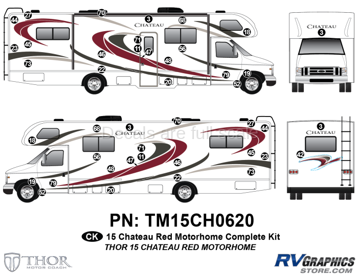 43 Piece 2015 Chateau Motorhome Standard Red Complete Graphics Kit