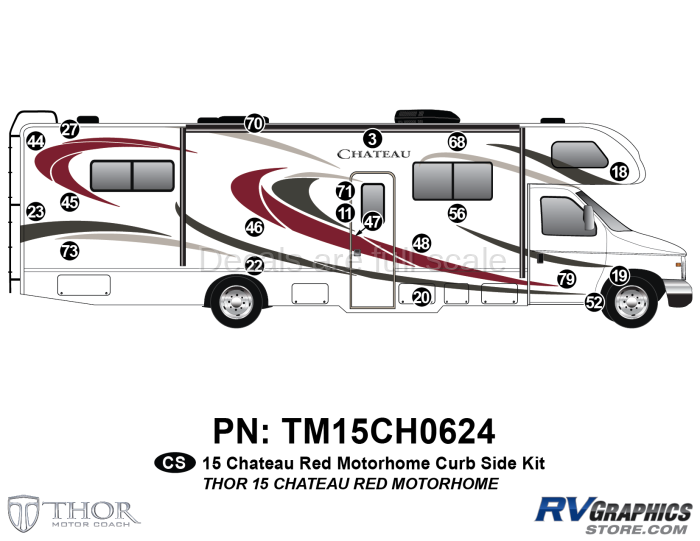20 Piece 2015 Chateau Motorhome Standard Red Curbside Graphics Kit