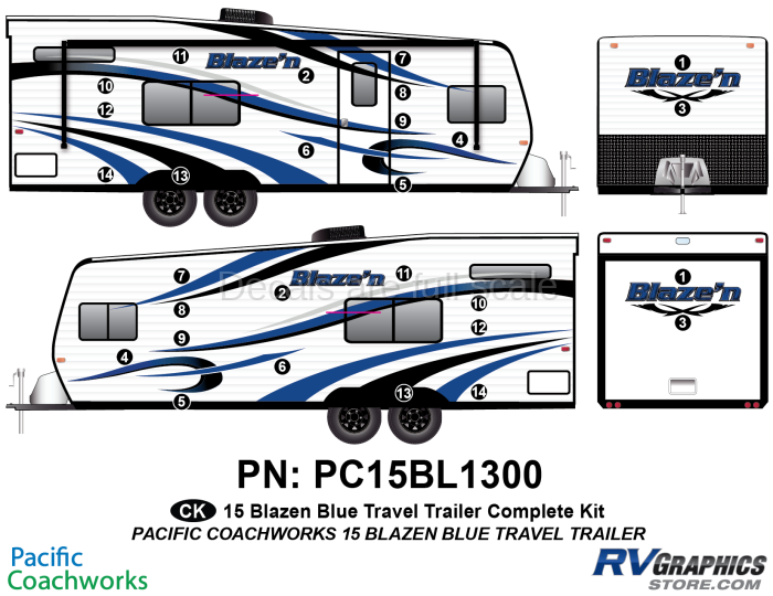 28 Piece 2015 Blaze'n Blue Travel Trailer Complete Graphics Kit