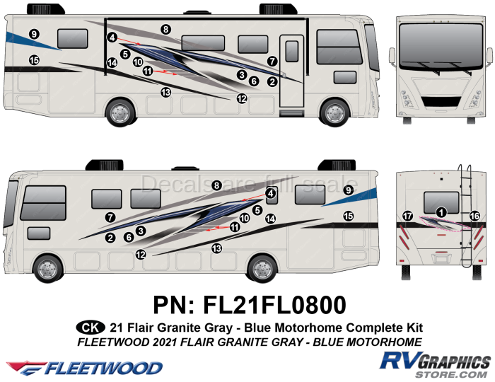 33 Piece 2021 Flair Motorhome Blue Version Complete Graphics Kit