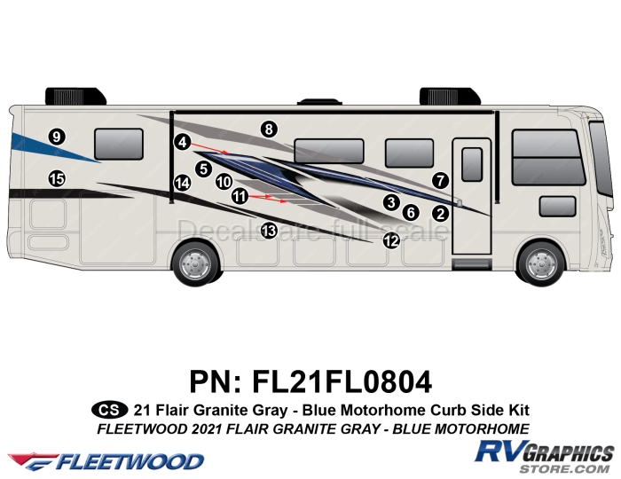 15 Piece 2021 Flair Motorhome Blue Version Curbside Graphics Kit