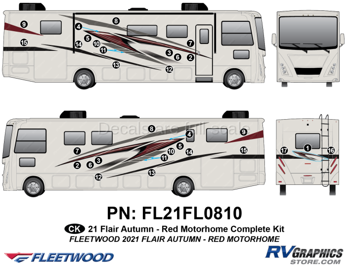 33 Piece 2021 Flair Motorhome Red Version Complete Graphics Kit