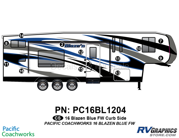 12 Piece 2015 Blaze'n Blue Fifth Wheel Curbside Graphics Kit