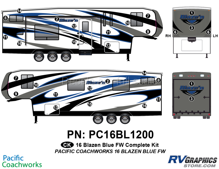 30 Piece 2015 Blaze'n Blue Fifth Wheel Complete Graphics Kit