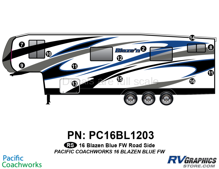 12 Piece 2015 Blaze'n Blue Fifth Wheel Roadside Graphics Kit