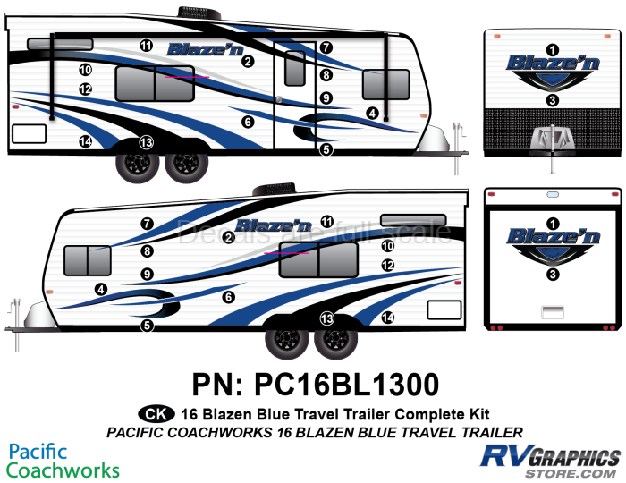 28 Piece 2015 Blaze'n Blue Travel Trailer Complete Graphics Kit