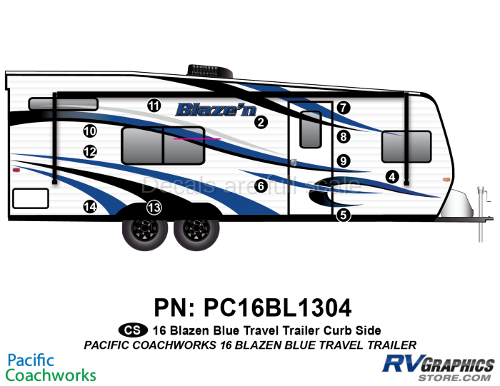 12 Piece 2015 Blaze'n Blue Travel Trailer Curbside Graphics Kit