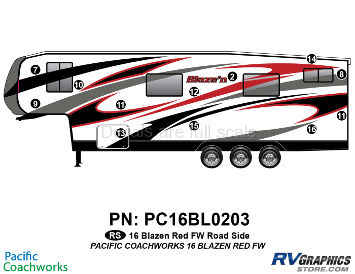 12 Piece 2015 Blaze'n Red Fifth Wheel Roadside Graphics Kit