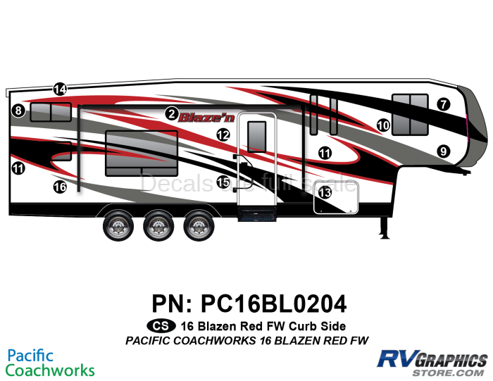 12 Piece 2015 Blaze'n Red Fifth Wheel Curbside Graphics Kit