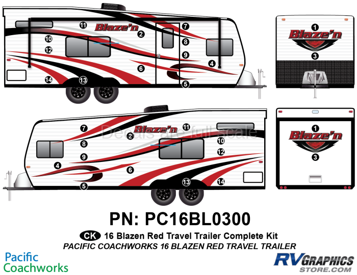 28 Piece 2015 Blaze'n Red Travel Trailer Complete Graphics Kit