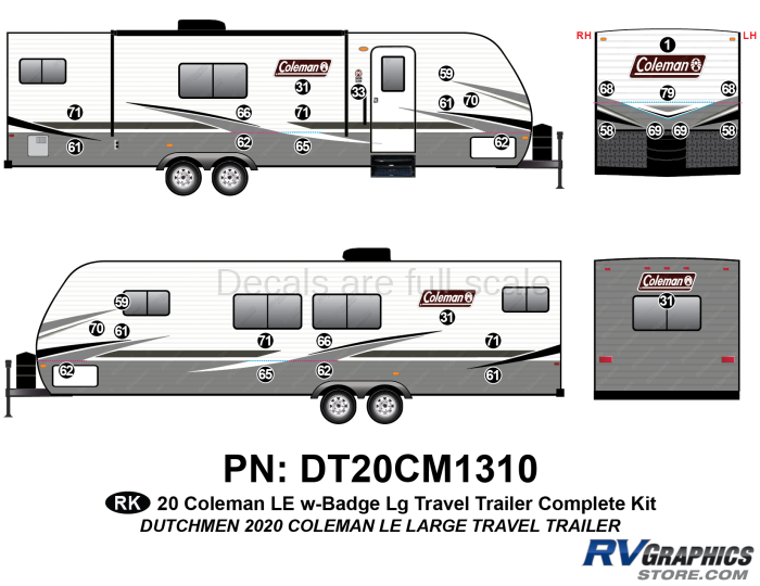 32 Piece 2020 Coleman LE Long Travel Trailer Front Badge Complete Graphics Kit