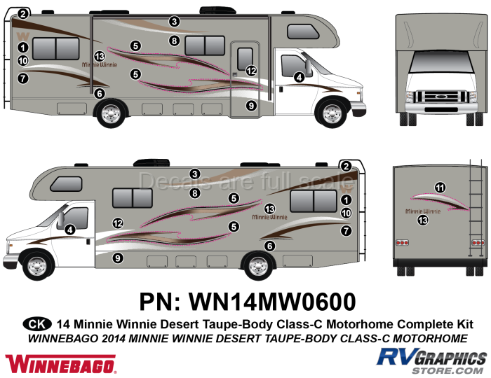 28 Piece 2014 Winnebago Minnie Winnie Desert Taupe ClassC Complete Graphics Kit