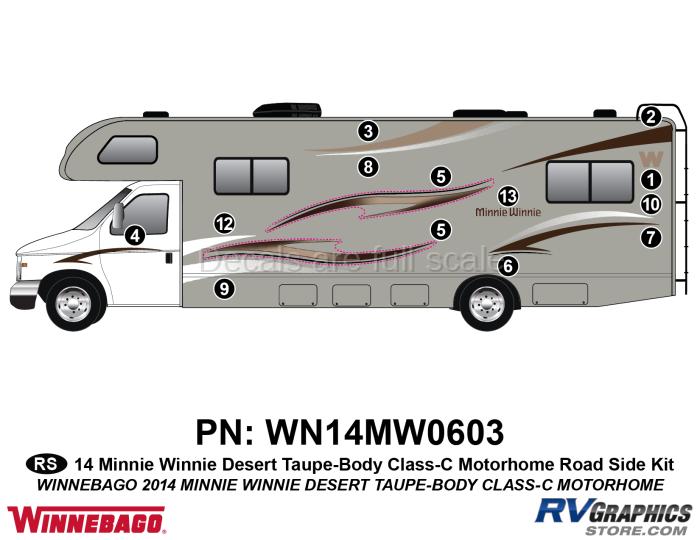 13 Piece 2014 Winnebago Minnie Winnie Desert Taupe ClassC Roadside Graphics Kit