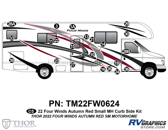 22 Piece 2022 Four Winds Small Motorhome Red Version Curbside Graphics Kit