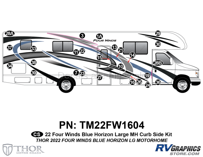 26 Piece 2022 Four Winds Large Motorhome Blue Version Curbside Graphics Kit