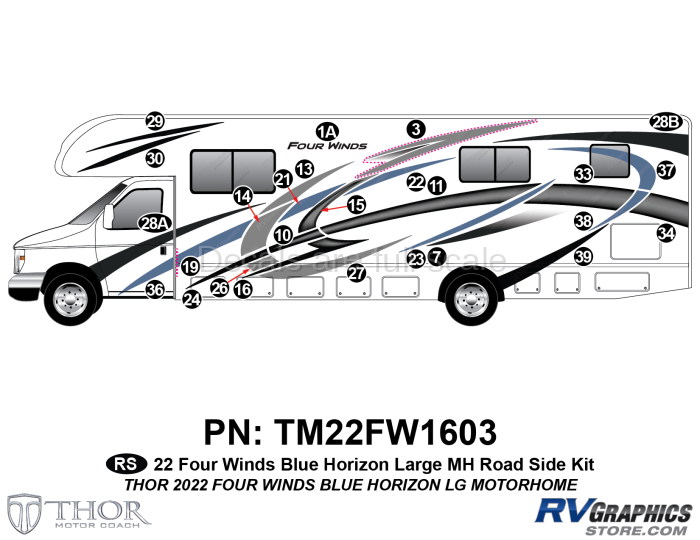 26 Piece 2022 Four Winds Large Motorhome Blue Version Roadside Graphics Kit