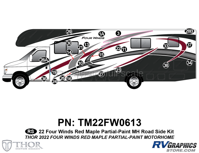 24 Piece 2022 Four Winds Red Partial Paint Motorhome Roadside Graphics Kit