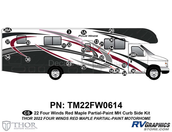 24 Piece 2022 Four Winds Red Partial Paint Motorhome Curbside Graphics Kit