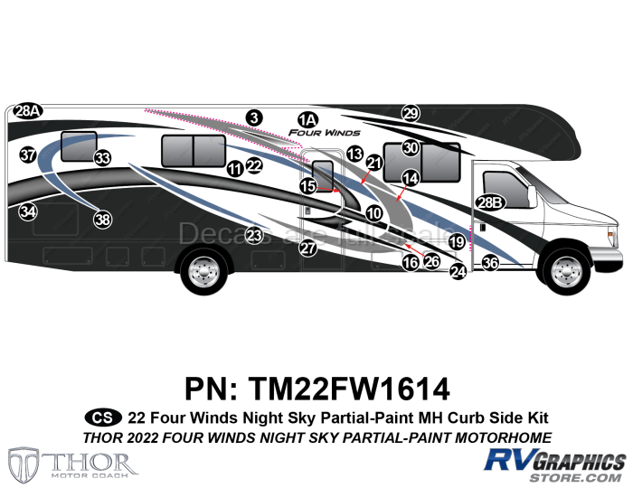 24 Piece 2022 Four Winds Blue Partial Paint Motorhome Curbside Graphics Kit